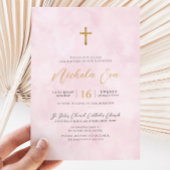 Invitation Élégant Blush Rose Croix d'or filles Baptême