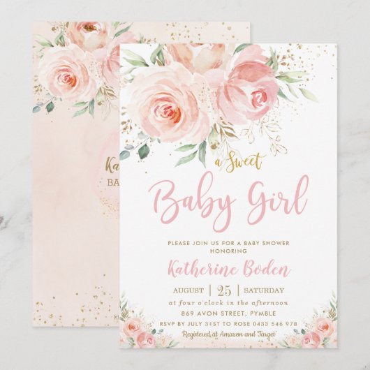 Invitation Élégant Blush rose Floral Baby shower fille or (Devant / Derrière)