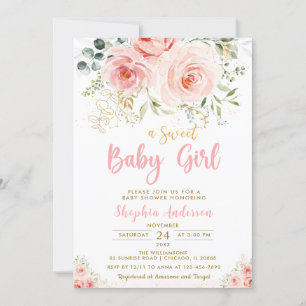 Invitation Élégant Blush rose Floral Baby shower fille or