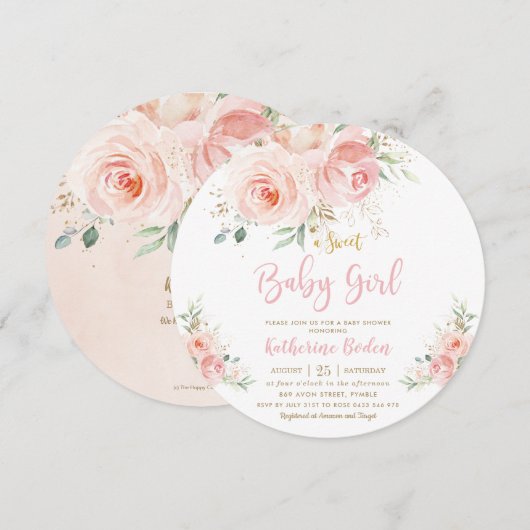 Invitation Élégant Blush rose Floral Baby shower fille or (Devant / Derrière)
