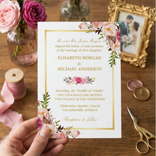 Invitation Élégant Blush rose Floral Chic Mariage or