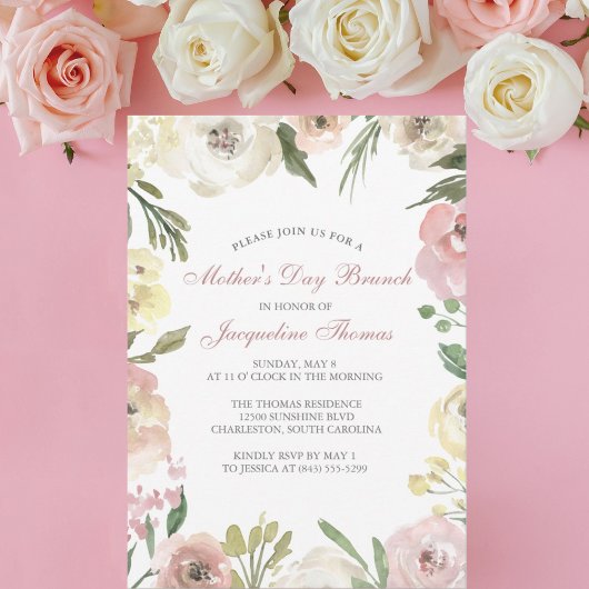 Invitation Elégant Blush rose Floral Fête des Mères Brunch