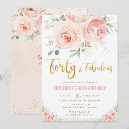 Invitation Elégant Blush Rose Floral Gold 40 et Fabulous (Devant / Derrière)