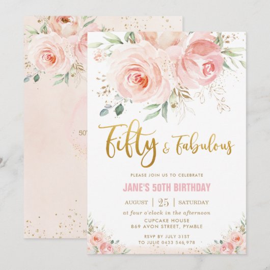 Invitation Elégant Blush Rose Floral Gold 50 et Fabulous (Devant / Derrière)