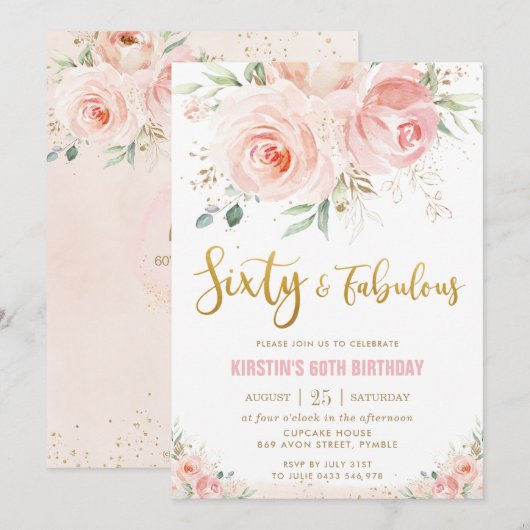 Invitation Élégant Blush Rose Floral Gold 60 et Fabulous (Devant / Derrière)