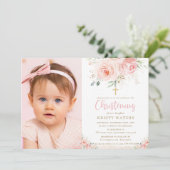 Invitation Élégant Blush Rose Floral Gold Christening Photo (Debout devant)