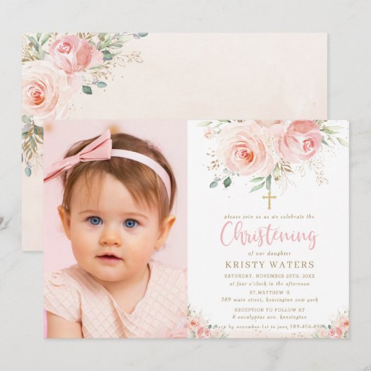 Invitation Élégant Blush Rose Floral Gold Christening Photo (Devant / Derrière)