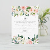 Invitation Elégant Blush Rose Floral Green Diner Menu (Debout devant)