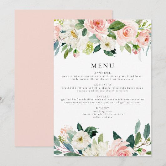 Invitation Elégant Blush Rose Floral Green Diner Menu (Devant / Derrière)