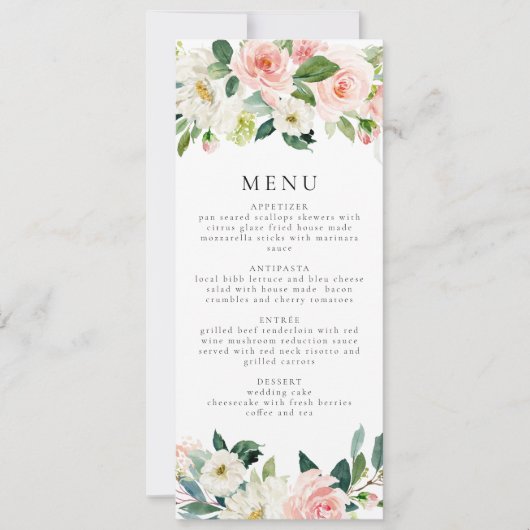 Invitation Elégant Blush Rose Floral Green Diner Menu (Devant)