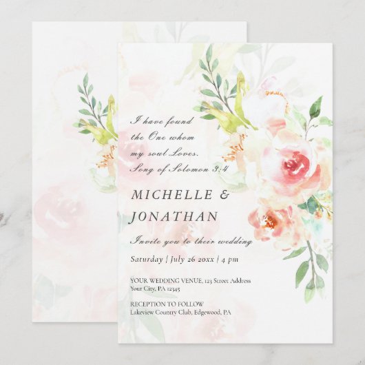 Invitation Élégant Blush rose Floral Mariage chrétien (Devant / Derrière)