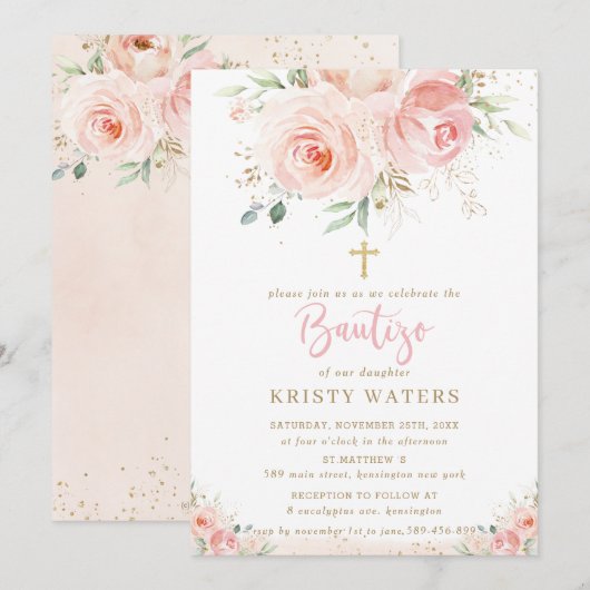 Invitation Elégant Blush rose floral or Bautizo espagnol (Devant / Derrière)