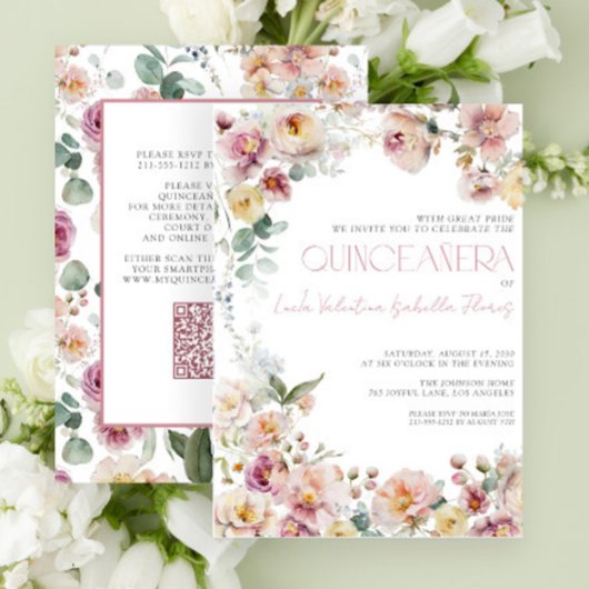 Invitation Élégant Blush rose Floral QR Quinceañera