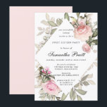 Invitation Élégant Blush Rose Floral Sweet 16<br><div class="desc">Belle et élégante Sweet 16 Party Invitation. Les roses roses blanches sont nichées dans des fleurs blanches d'hydrangée et de verdure. De jolies frises florales féminines créent une forme diamant. Le texte est une combinaison de polices verticales et italiques. Facile à customiser. L'arrière de l'invitation de la fête est d'un...</div>
