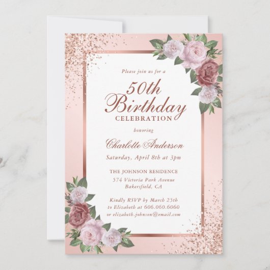 Invitation Elégant Blush Rose Gold Floral 50e anniversaire (Devant)