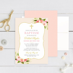 Invitation Élégant Blush Rose Or Floral Baby Girl Baptism