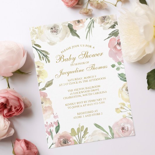 Invitation Elégant Blush Rose Or Floral Baby Girl Douche