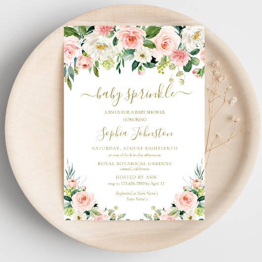 Invitation Élégant Blush Rose Or Floral Baby Sprinking