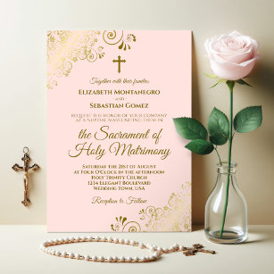 Invitation Élégant Blush rose & Or Mariage catholique moderne