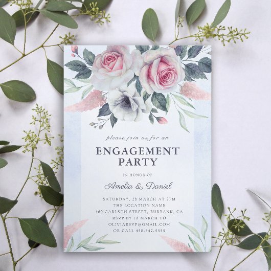 Invitation Elégant Blush Rose Roses Blue Engagement Party