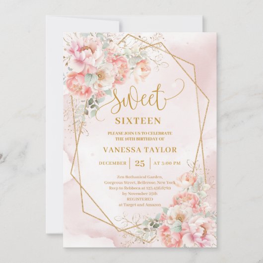 Invitation Élégant Blush Rose Sage Or Floral Sweet 16 (Devant)