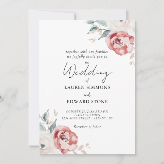 Invitation Élégant Blush Roses d'ivoire rouge tout en un Mari (Devant)