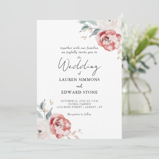 Invitation Élégant Blush Roses d'ivoire rouge tout en un Mari (Debout devant)
