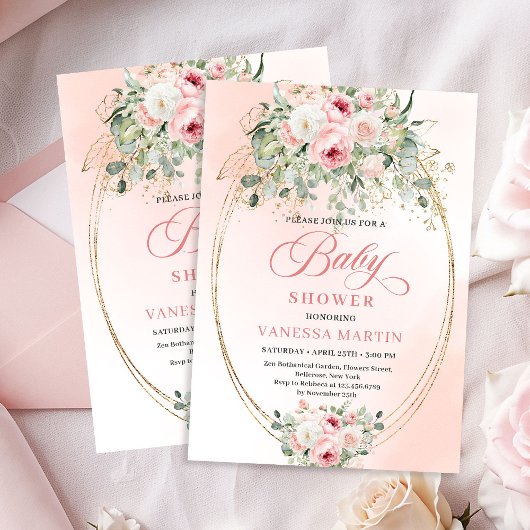 Invitation Elegant Blush Roses Eucalyptus Baby Shower Invite