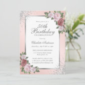 Invitation Elégant Blush Silver Confetti Floral 50e Anniversa (Debout devant)
