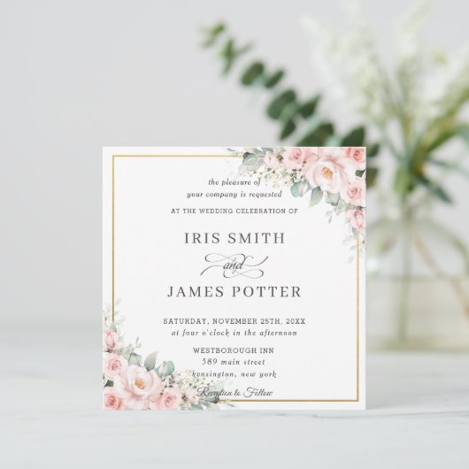 Invitation Élégant Blush Soft Rose Floral Mariage Carré or (Debout devant)