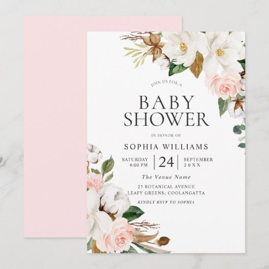 Invitation Elégant Blush White Watercolor Baby shower (Devant / Derrière)
