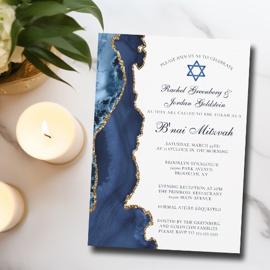 Invitation Élégant B'nai Mitzvah Navy Blue Gold Agate Party