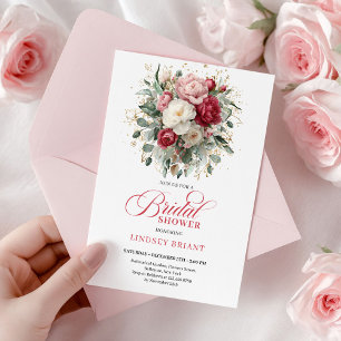 Invitation Élégant Bohème Rouge Blush Or Fleurs Mariage