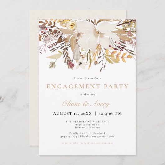 Invitation Élégant Bohemian Fall Floral Engagement Party (Devant / Derrière)