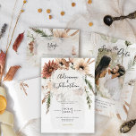 Invitation Elegant Bohemian Rustic Floral Pampas Wedding<br><div class="desc">Cet élégant design présente de superbes bouquets de fleurs bohème couleur crème, marron épice et vert mousse. Pour améliorer les détails de votre journée, le script inclut la calligraphie whimsical contre un cadre de bord translucide. Customisez vos données personnelles sur le devant avec vos initiales monogrammes sur le dos de...</div>