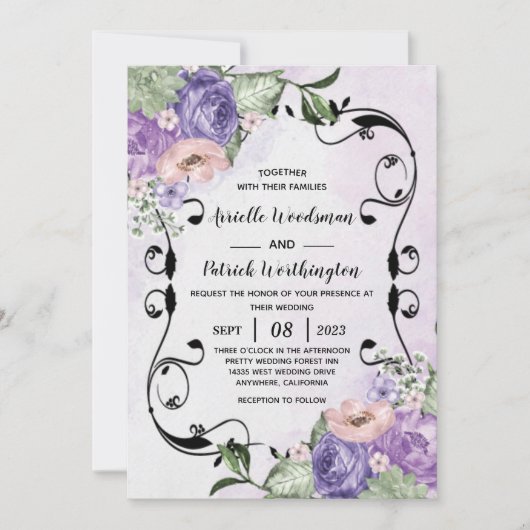 Invitation # Elegant Boho Airy Floral Purple & Silver Mariage (Devant)