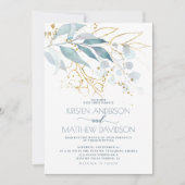 Invitation Elégant Boho Aquarelle bleu Floral Mariage or (Devant)
