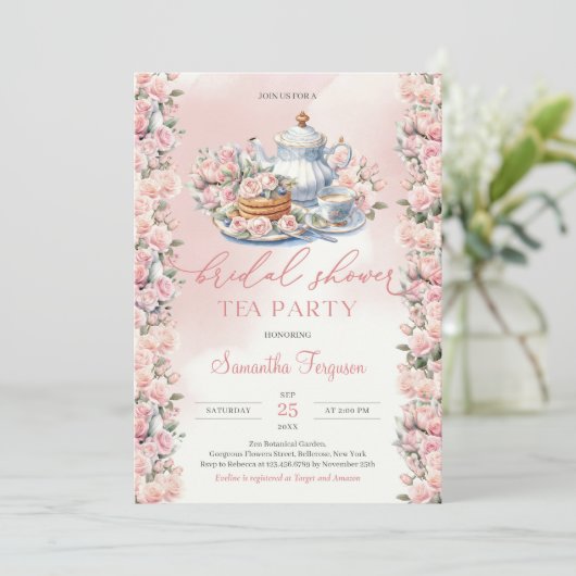 Invitation Elégant boho aquarelle douce roses rose rose rose (Debout devant)