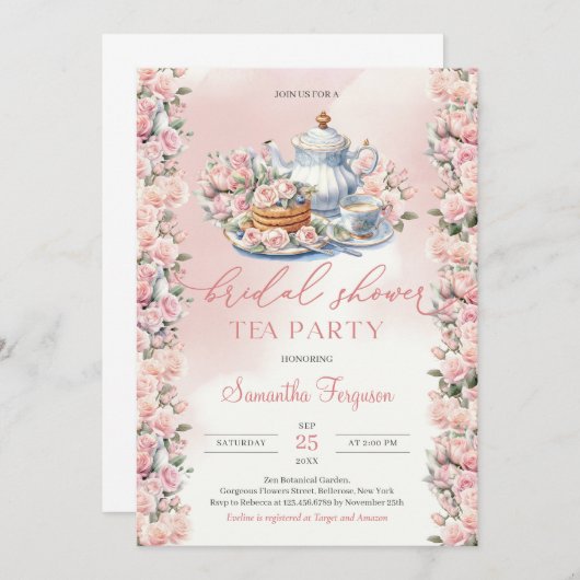 Invitation Elégant boho aquarelle douce roses rose rose rose (Devant / Derrière)