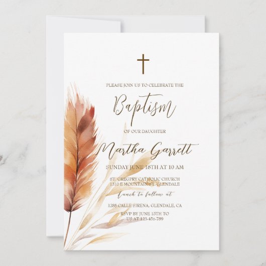 Invitation Elégant Boho Aquarelle Pampas Automne Fille Baptêm (Devant)