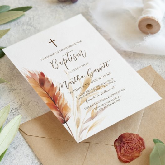 Invitation Elégant Boho Aquarelle Pampas Automne Fille Baptêm