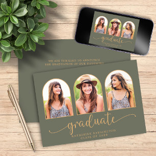 Invitation Elégant Boho Arch Green Gold 3 Photo Graduation