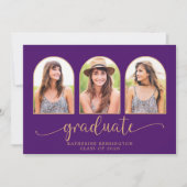 Invitation Elégant Boho Arch Purple Gold 3 Photo Graduation (Devant)