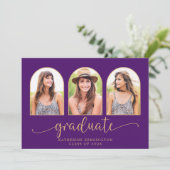 Invitation Elégant Boho Arch Purple Gold 3 Photo Graduation (Debout devant)