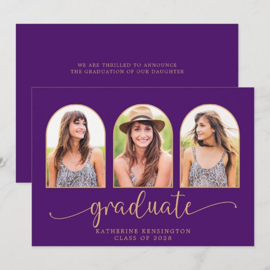 Invitation Elégant Boho Arch Purple Gold 3 Photo Graduation (Devant / Derrière)