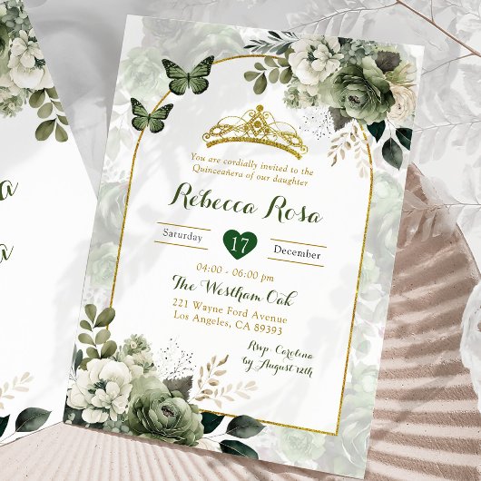 Invitation Elégant Boho Arch Sage Green Royal Quinceañera