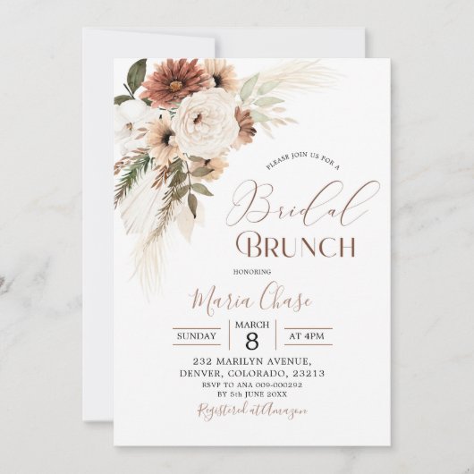 Invitation Elégant Boho Beige Pampas Grass Bridal Brunch (Devant)