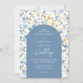 Invitation Elégant Boho bleu et jaune arche de fleurs de cott (Devant)