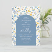Invitation Elégant Boho bleu et jaune arche de fleurs de cott (Debout devant)