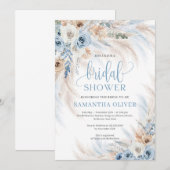 Invitation Elégant boho bleu floral ivoire rose pampas herbe (Devant / Derrière)